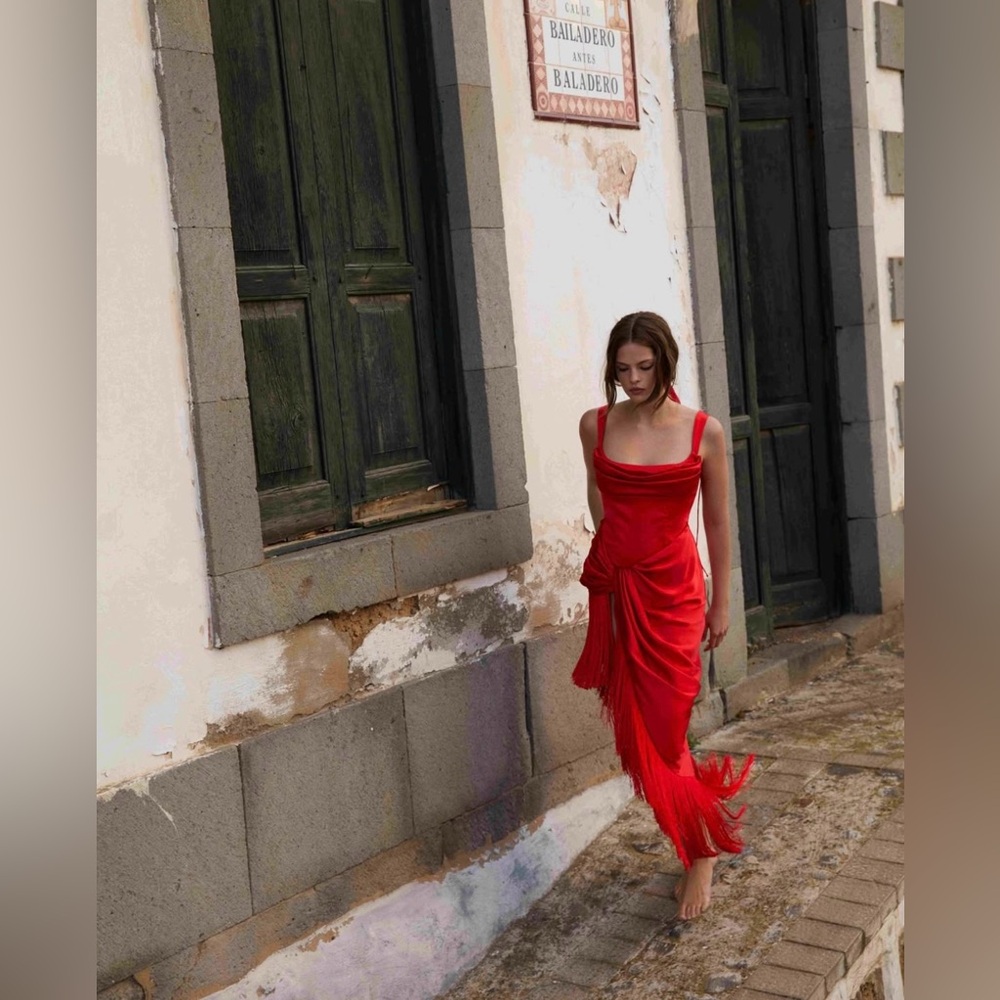 NWT For Love & Lemons Anisa Fringe Midi Dress - Red - Small